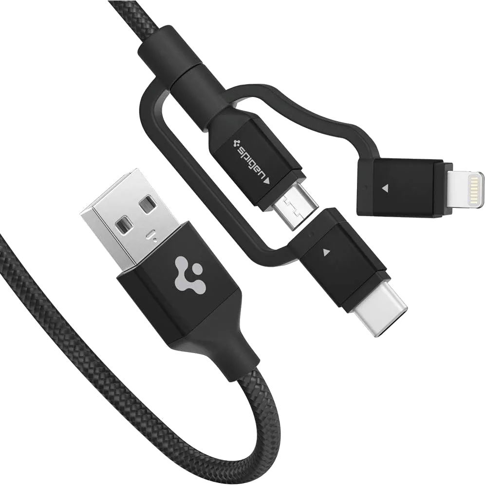 Cáp sạc Spigen DuraSync 3-in-1 Universal Charger Cable màu đen đặt trên bề mặt trắng