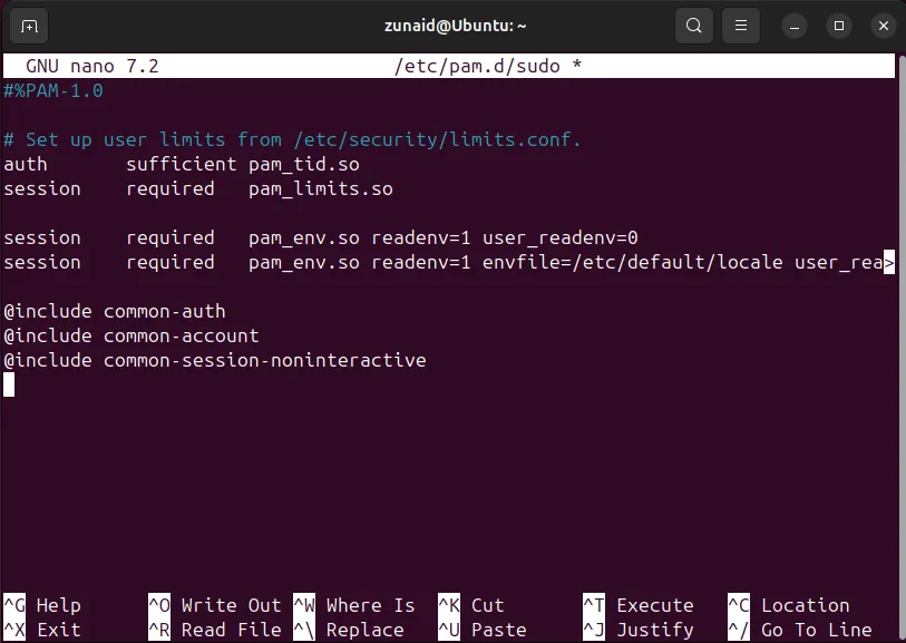Cấu hình sudo Linux: Thêm dòng auth sufficient pam_fprintd.so để bật xác thực vân tay trên Ubuntu.