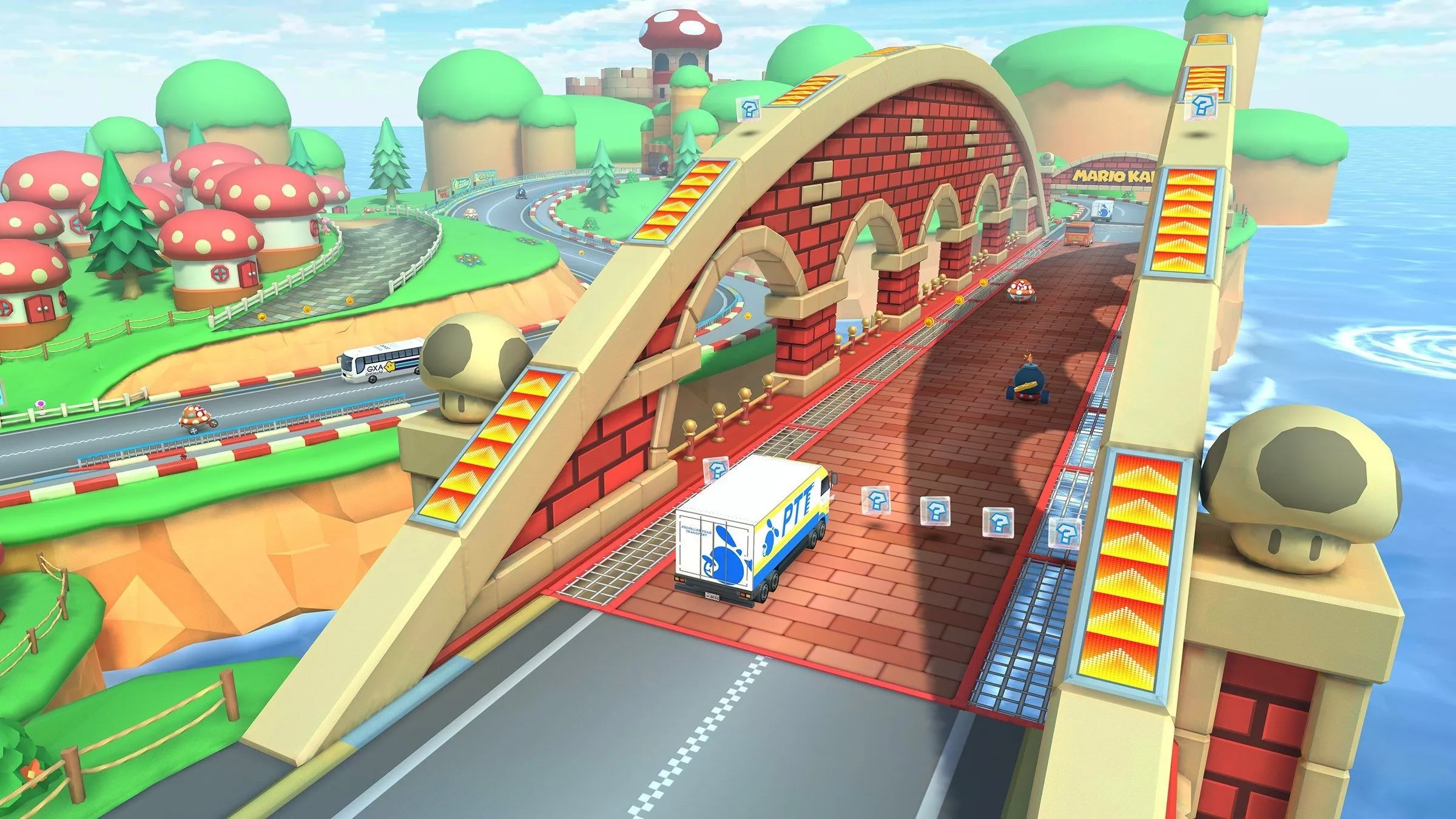 Cầu Nấm Mushroom Bridge với xe cộ di chuyển trong series Mario Kart