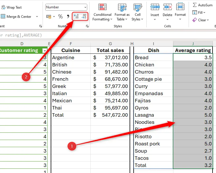 Chọn các ô chứa số thập phân và các nút tăng giảm số thập phân được tô sáng trong Excel