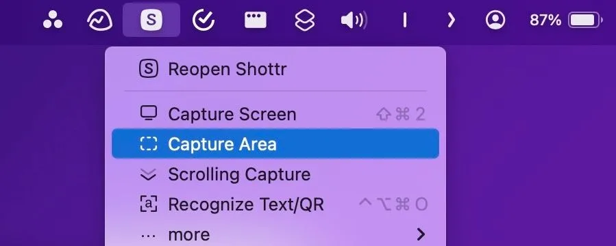 Chọn chế độ Capture Area từ biểu tượng Shottr trên thanh menu Mac