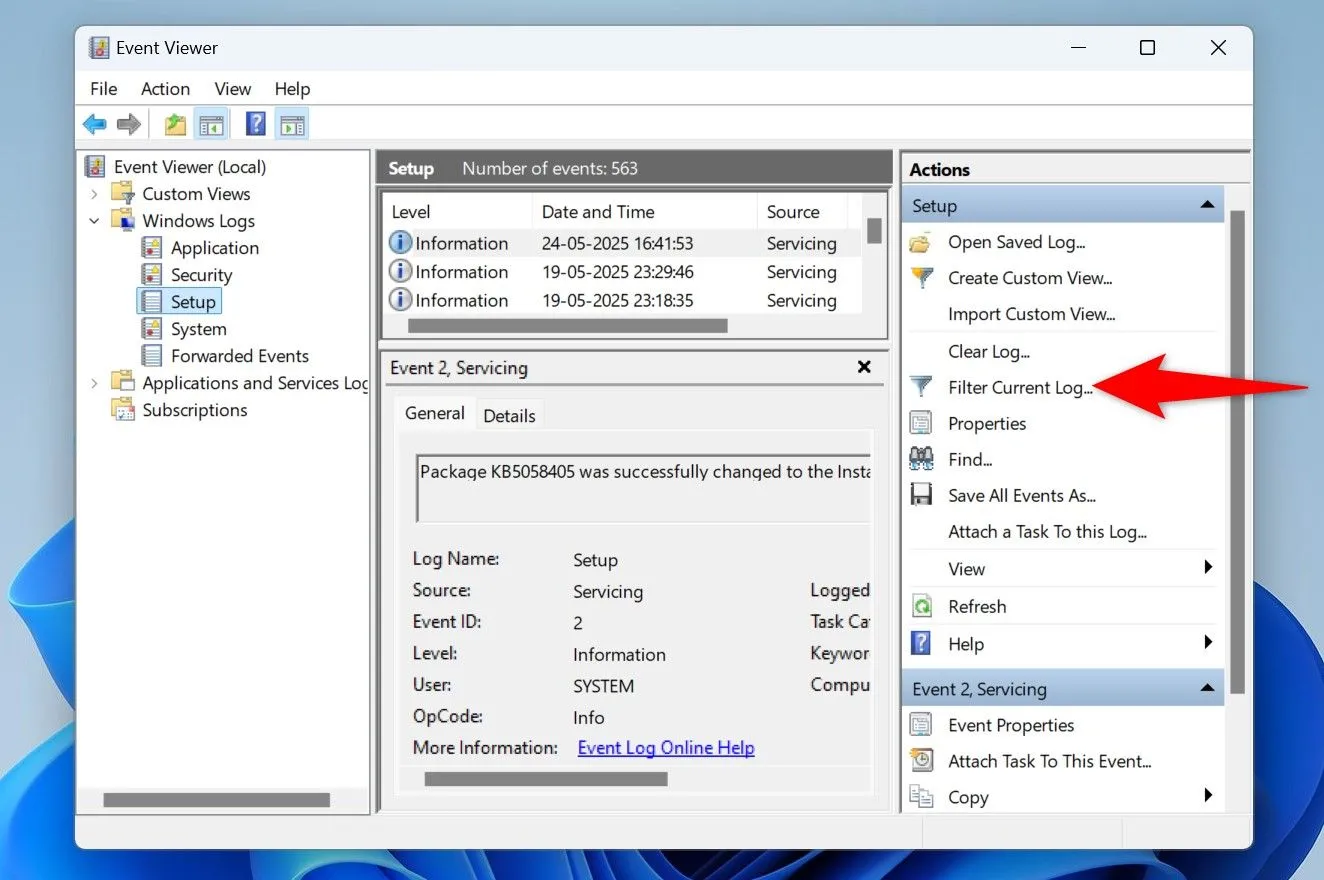 Chọn 'Filter Current Log' trong Event Viewer để lọc các sự kiện hệ thống