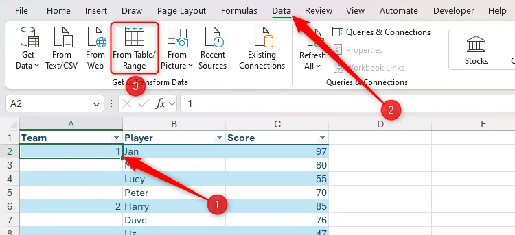 Chọn một ô bất kỳ trong bảng dữ liệu Excel và nhấp vào &quot;From Table/Range&quot; trên tab Data để mở Power Query Editor.