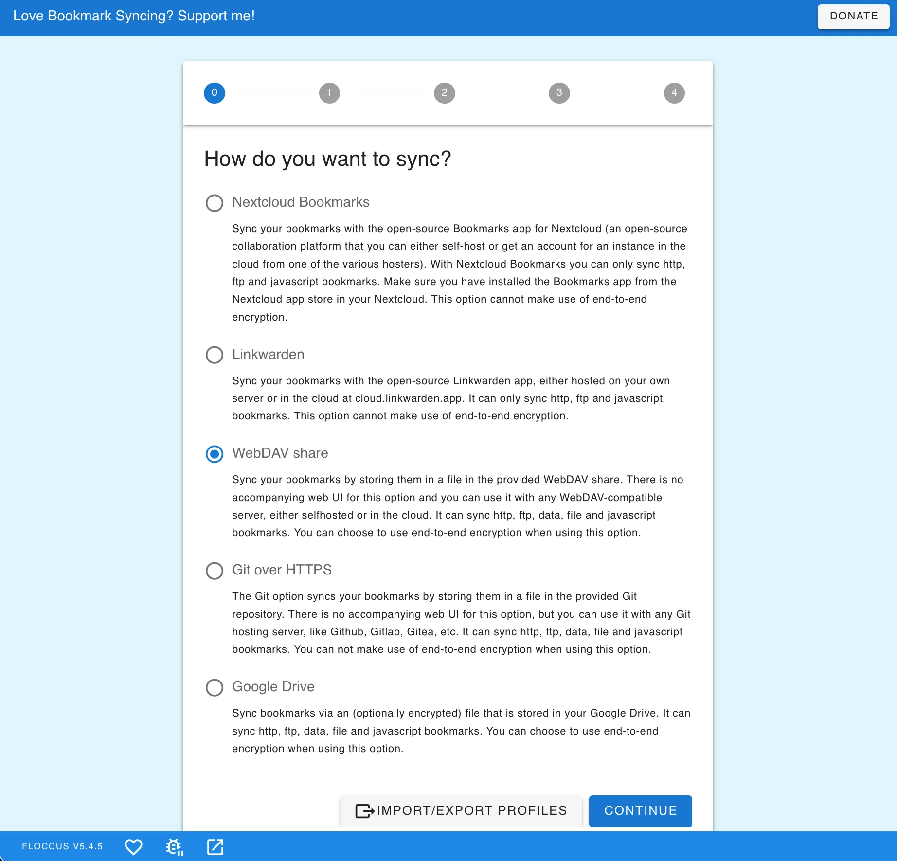 Chọn phương thức đồng bộ WebDAV trong Floccus để tự host bookmark