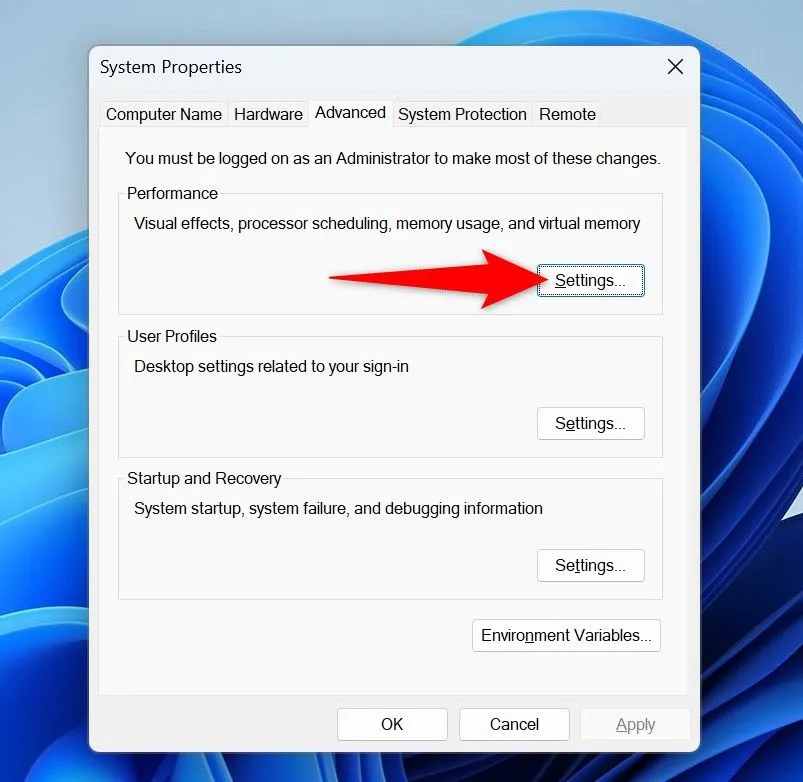 Chọn Settings trong mục Performance Options để điều chỉnh hiệu ứng hình ảnh.