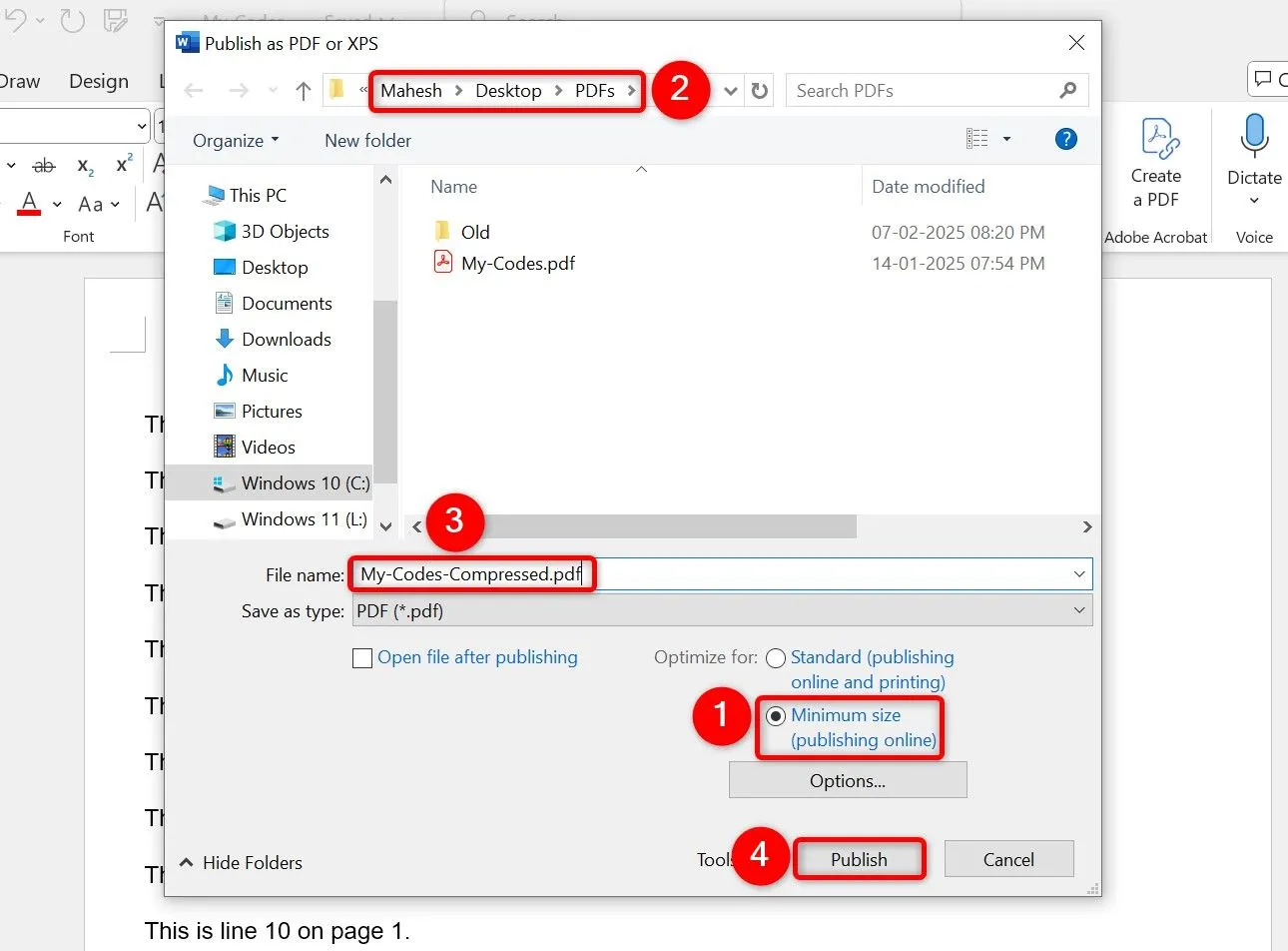 Chọn tùy chọn Minimum Size (Publishing Online) khi lưu PDF trong Microsoft Word
