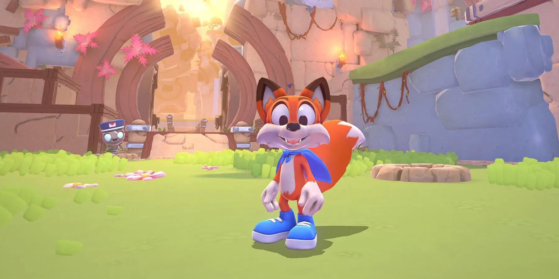 Chú cáo Lucky đang chạy trên một nền tảng đầy màu sắc trong game Lucky's Tale, mang đến trải nghiệm phiêu lưu trong thế giới VR.