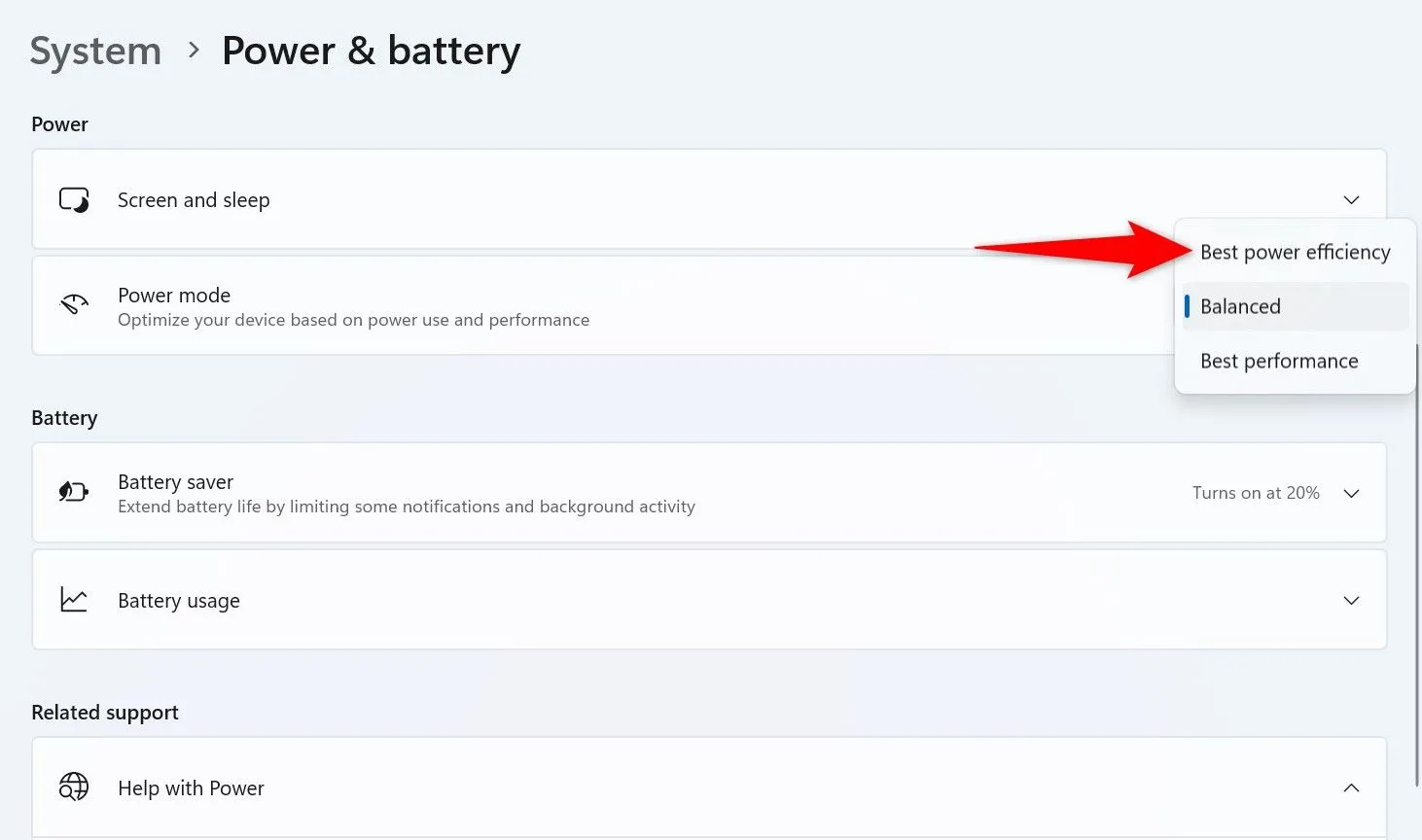 Chuyển sang chế độ Power Mode &quot;Best Power Efficiency&quot; trên Windows 11