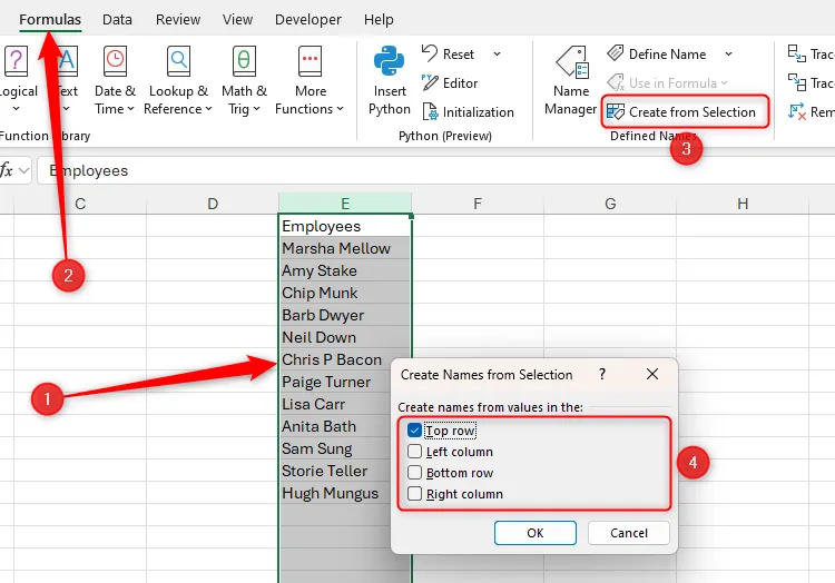 Cửa sổ 'Create From Selection' trong Excel, chọn 'Top Row' để tự động đặt tên vùng dựa trên hàng đầu tiên