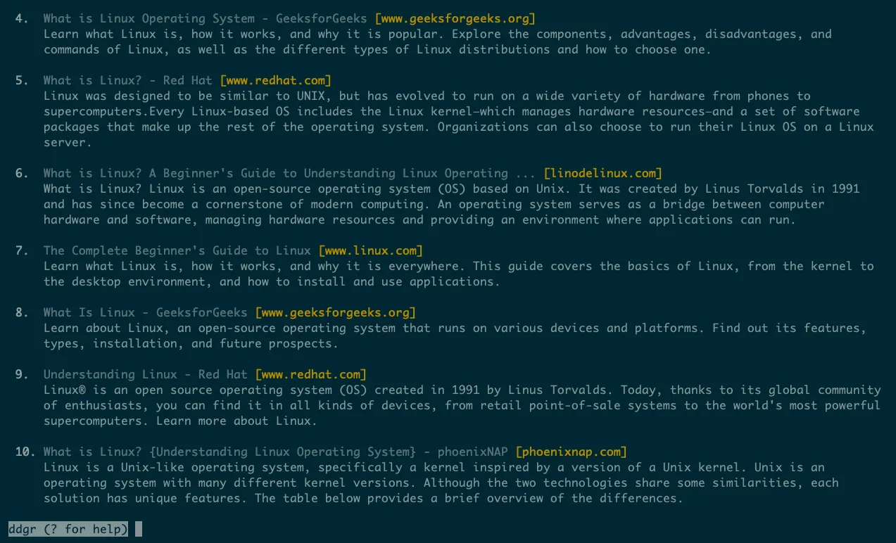 Danh sách 10 kết quả tìm kiếm web cho từ khóa 'linux' được trả về bởi công cụ ddgr trong terminal.