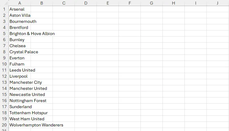 Danh sách các đội bóng Premier League Anh được liệt kê trong bảng tính Microsoft Excel
