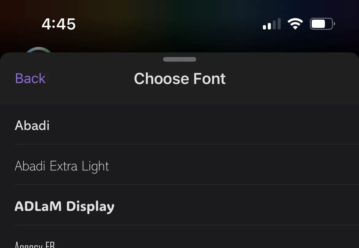 Danh sách các lựa chọn font chữ với bản xem trước trong Outlook Mobile