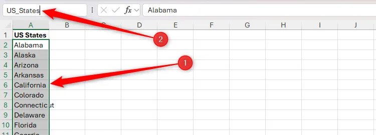 Danh sách các tiểu bang Hoa Kỳ trong Excel được đặt tên 'US_States' trong hộp tên
