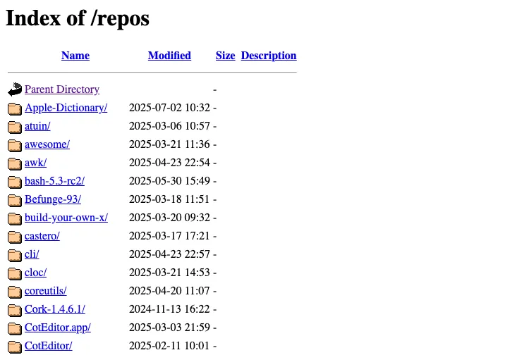 Danh sách thư mục mặc định của Apache hiển thị các thư mục và ngày chỉnh sửa.