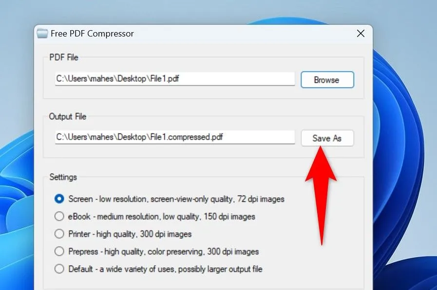 Đặt tên và chọn vị trí lưu file PDF đã nén trong Free PDF Compressor