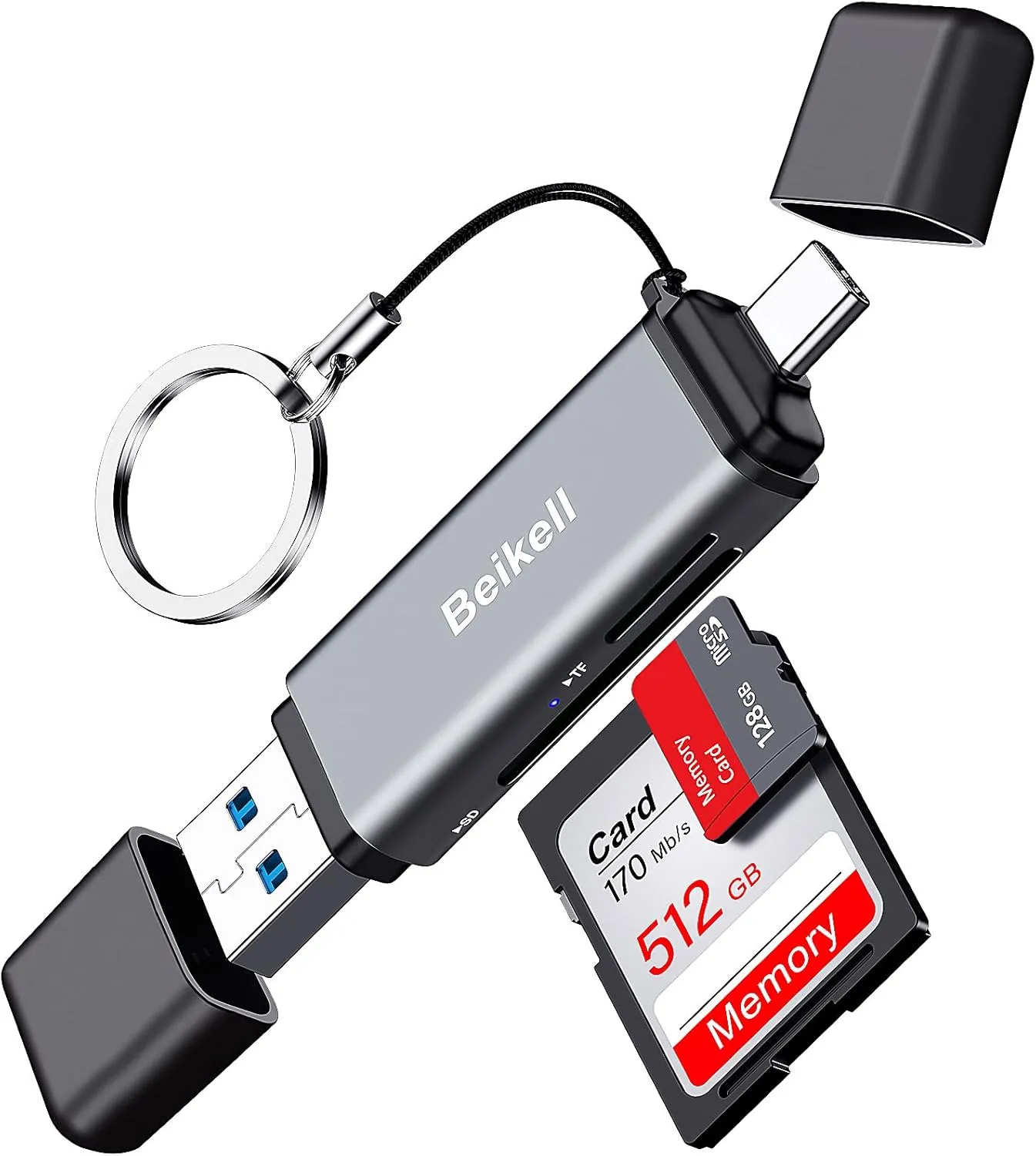 Đầu đọc thẻ nhớ Beikell SD Card Reader màu đen với các khe cắm thẻ SD và MicroSD