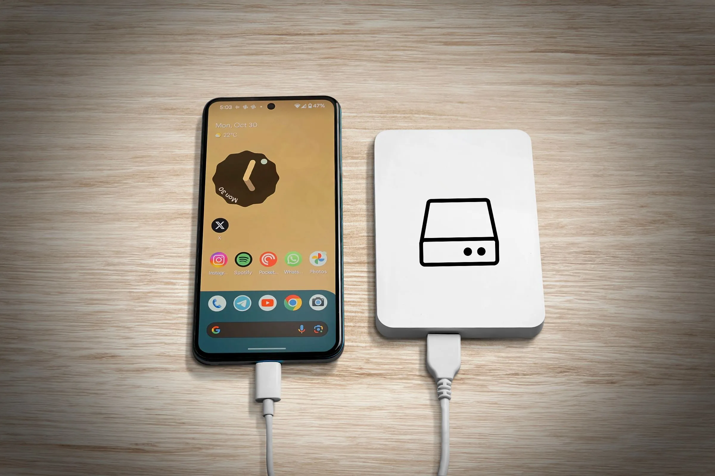 Điện thoại Android hiển thị màn hình chính cùng với một ổ cứng di động
