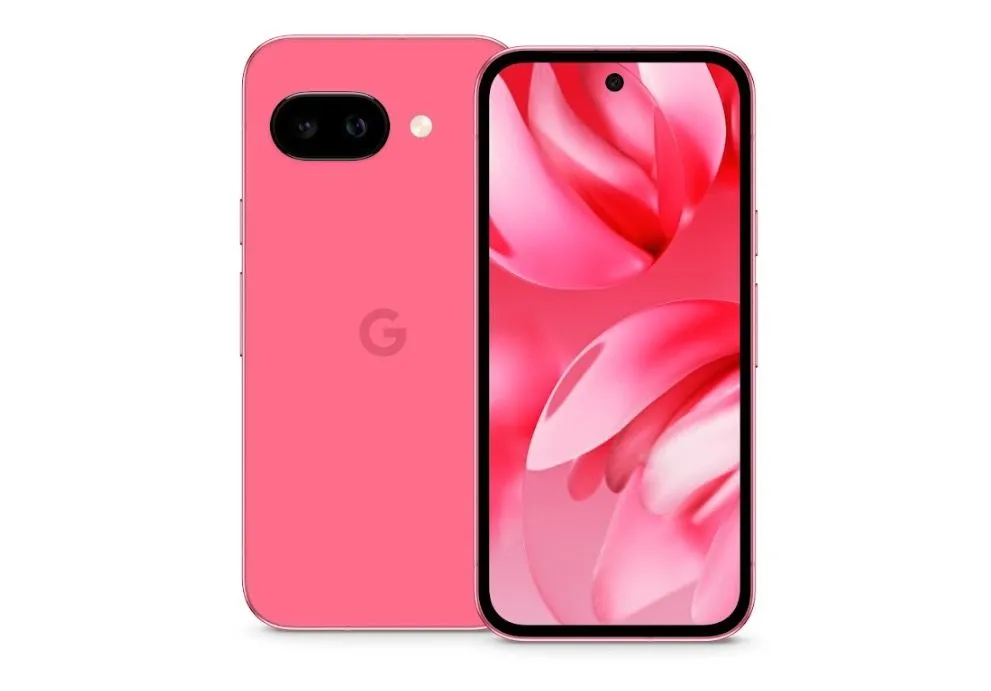 Điện thoại Google Pixel 9a màu hồng, nổi bật với thiết kế camera tối giản.
