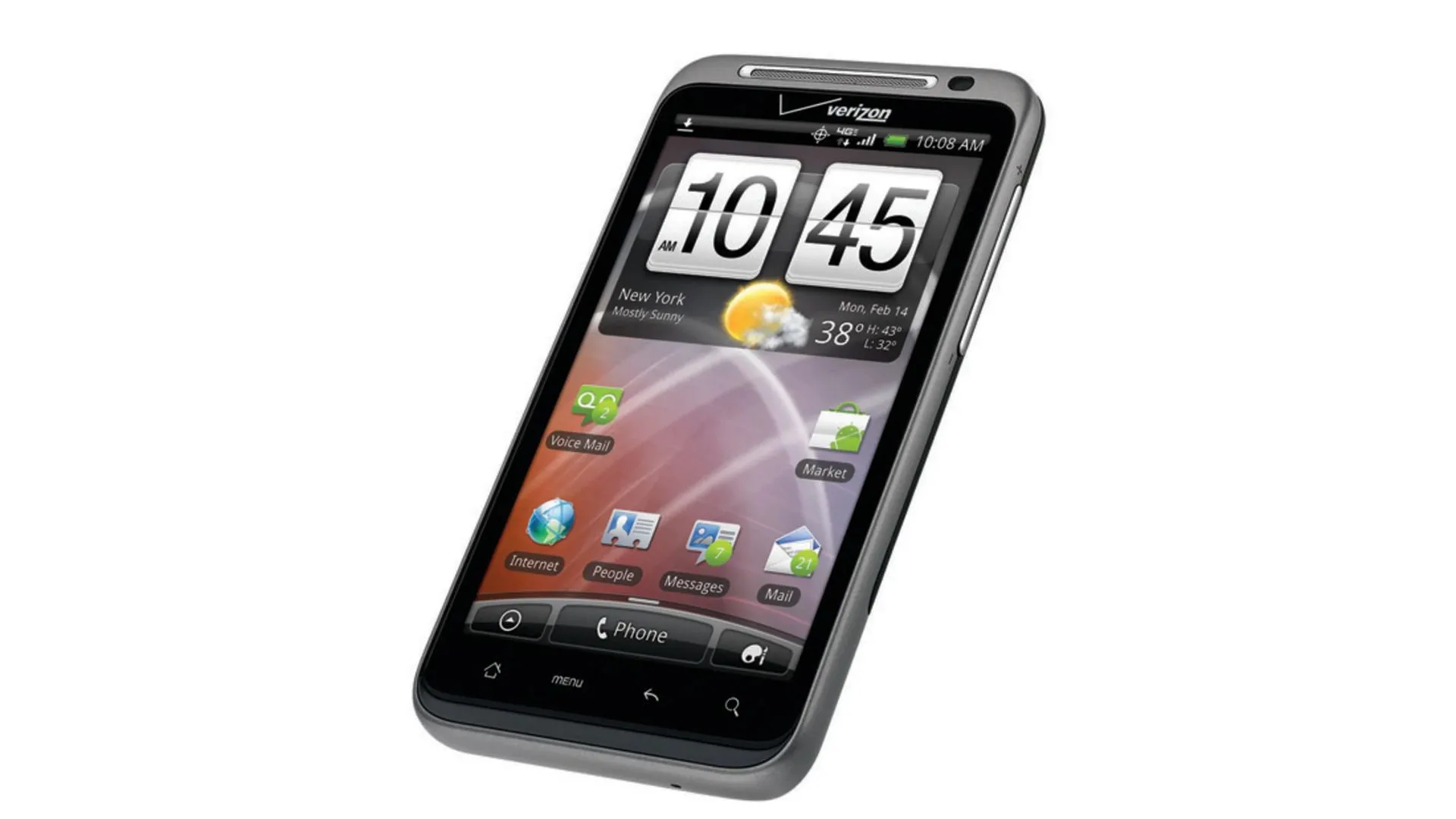 Điện thoại HTC ThunderBolt với logo HTC và Verizon, đại diện cho smartphone 4G LTE đầu tiên trên mạng Verizon