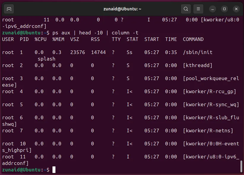 Định dạng đầu ra lệnh Linux: Sử dụng lệnh column -t để sắp xếp dữ liệu ps aux thành các cột rõ ràng.