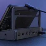 Dock ASUS ROG Bulwark nhìn từ góc cạnh, thể hiện thiết kế sang trọng và các cổng kết nối
