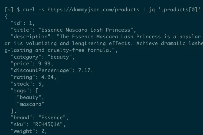 Dữ liệu định dạng JSON của một sản phẩm được lấy từ dummyjson.com bằng lệnh curl và xử lý với jq.