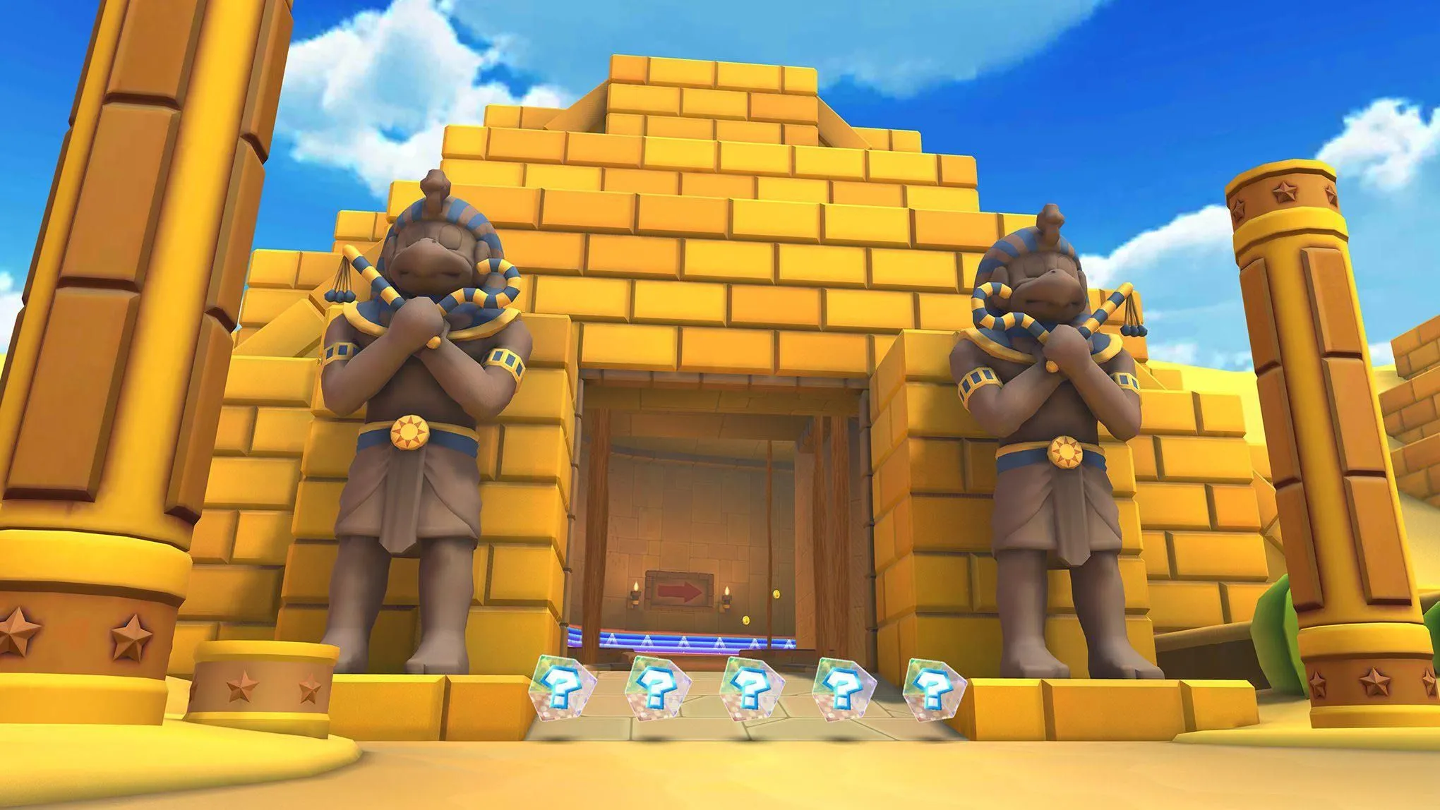 Đường đua Dry Dry Ruins với phong cảnh hoang mạc và tàn tích cổ đại trong Mario Kart Tour