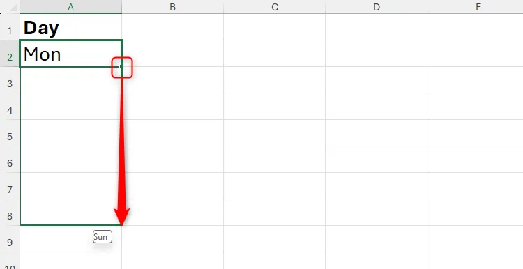 Excel tự động điền chuỗi ngày trong tuần khi kéo Fill Handle từ ô &quot;Mon&quot;