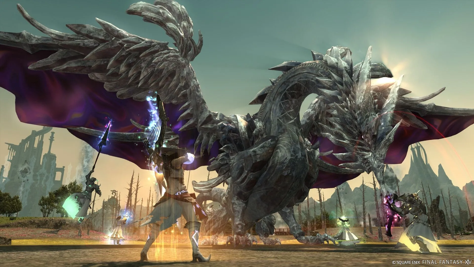 Final Fantasy XIV: Các nhân vật và quái vật trong cảnh chiến đấu hoành tráng.