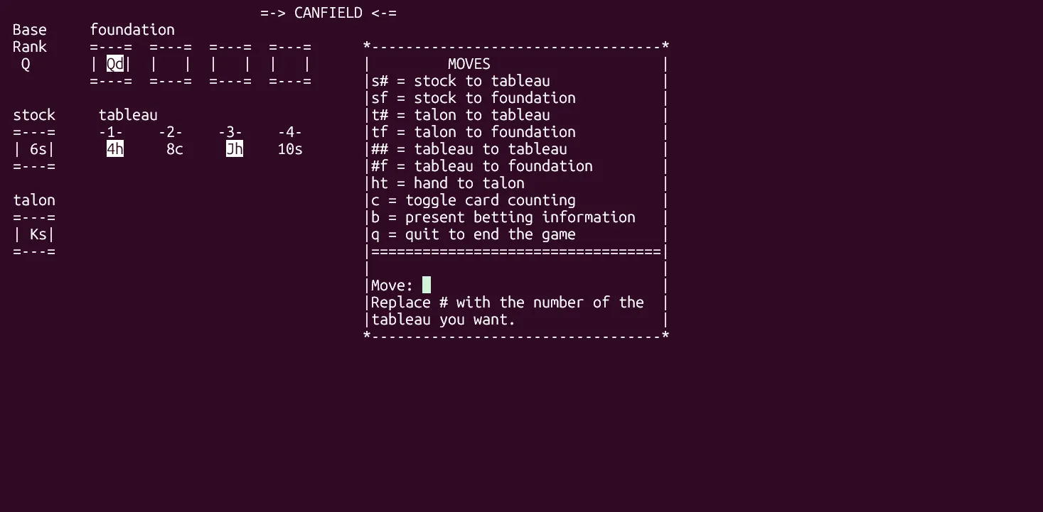Game solitaire Canfield của BSD đang được chơi trên terminal Linux