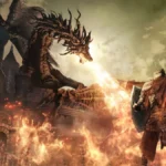 Game thủ Dark Souls 3 đối đầu rồng lửa - minh họa độ khó thử thách.