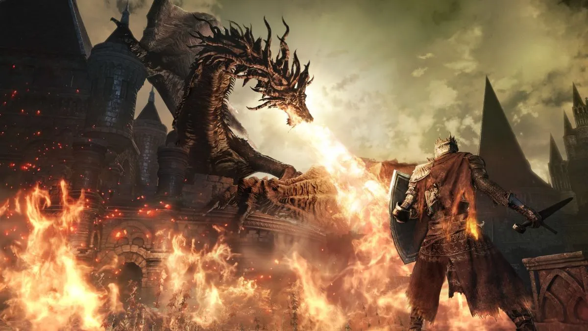 Game thủ Dark Souls 3 đối đầu rồng lửa - minh họa độ khó thử thách.