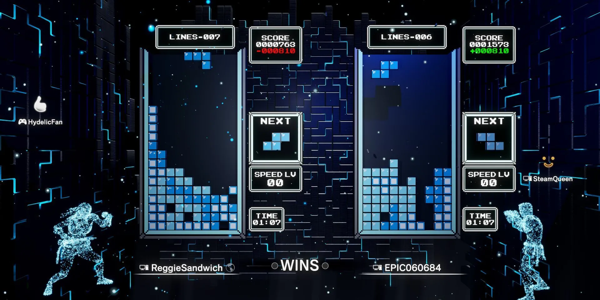 Gameplay Tetris Effect: Connected với các khối Tetrimino rơi trong không gian VR đầy màu sắc và ánh sáng tương tác.