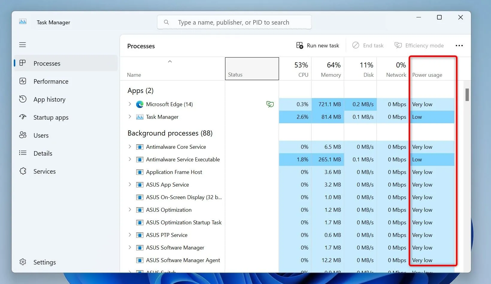 Giá trị mức tiêu thụ năng lượng (Power Usage) của ứng dụng trong Task Manager Windows 11