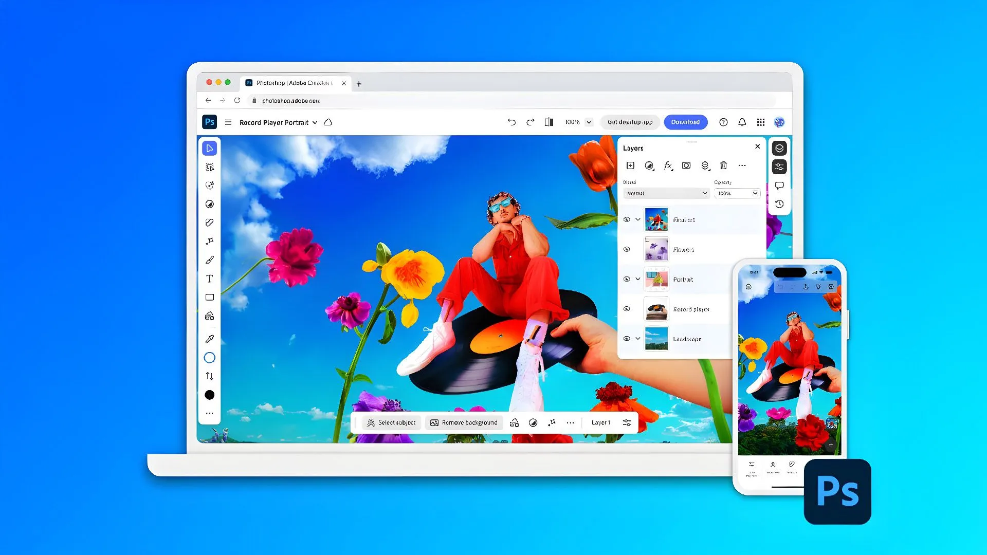 Giao diện Adobe Photoshop trên điện thoại di động với các công cụ chỉnh sửa ảnh