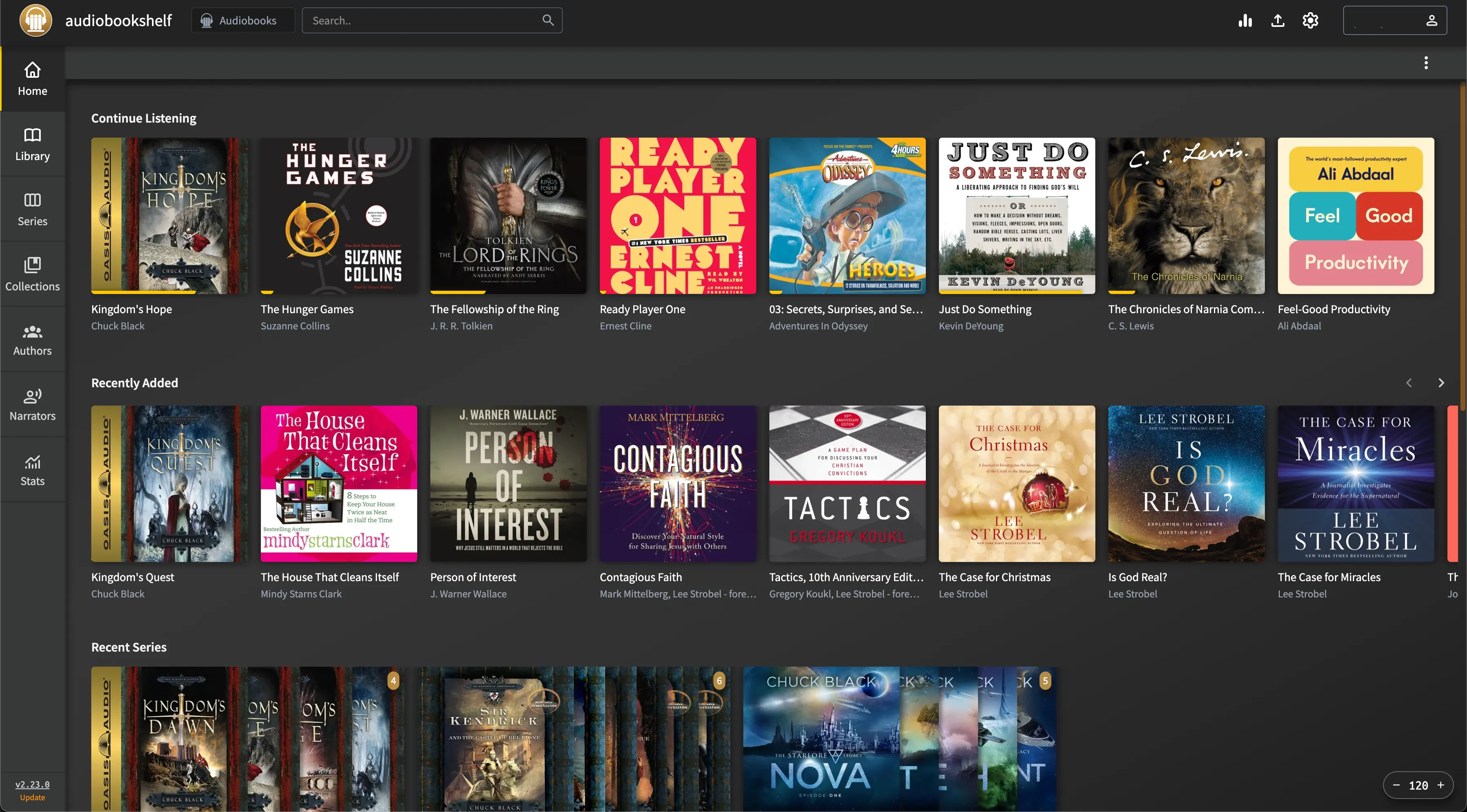 Giao diện Audiobookshelf hiển thị sách đang nghe, sách mới thêm và các bộ sách, minh họa thư viện audiobook tự host.