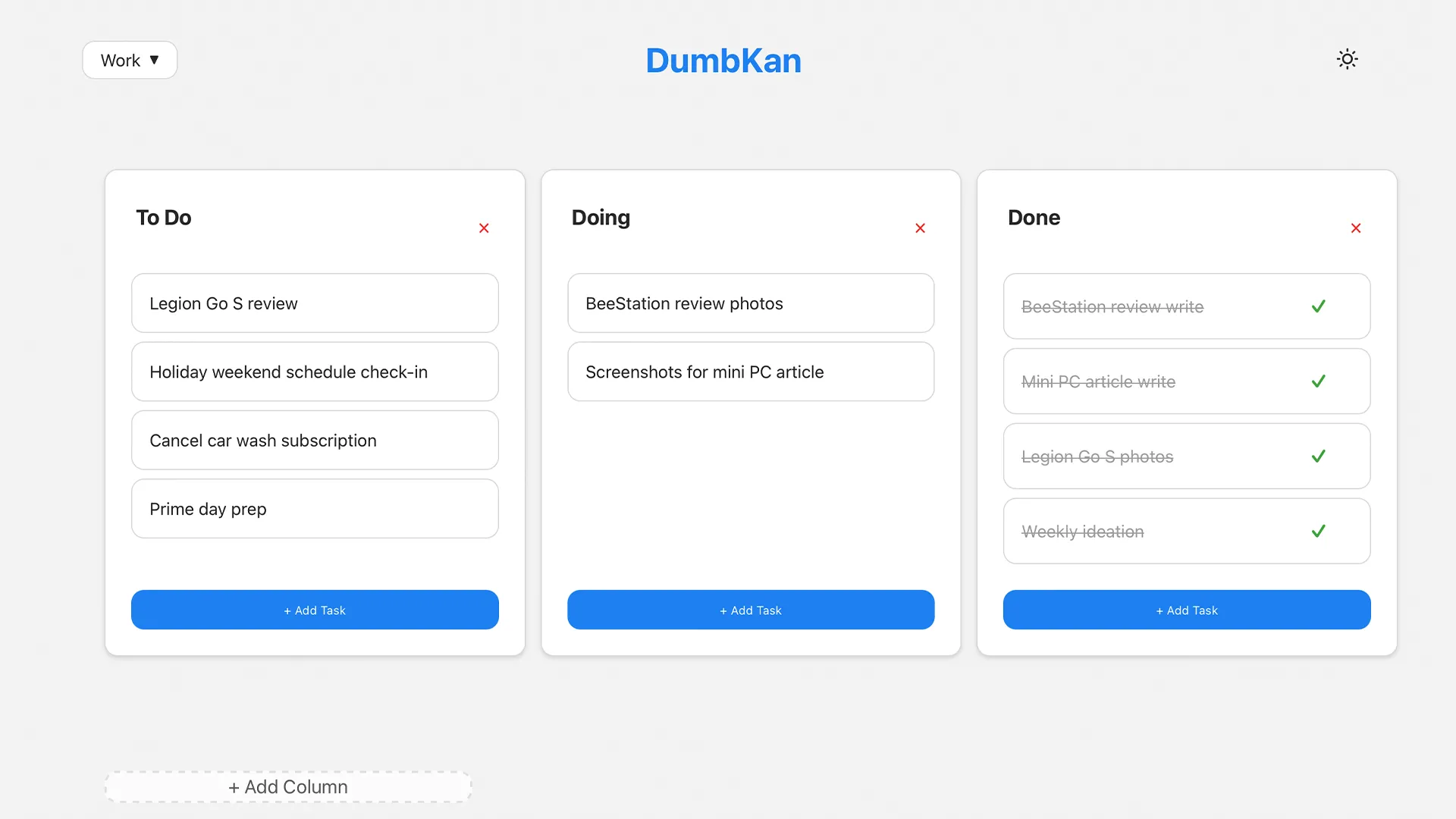Giao diện bảng Kanban kỹ thuật số DumbKan với các cột công việc và thẻ ghi chú.