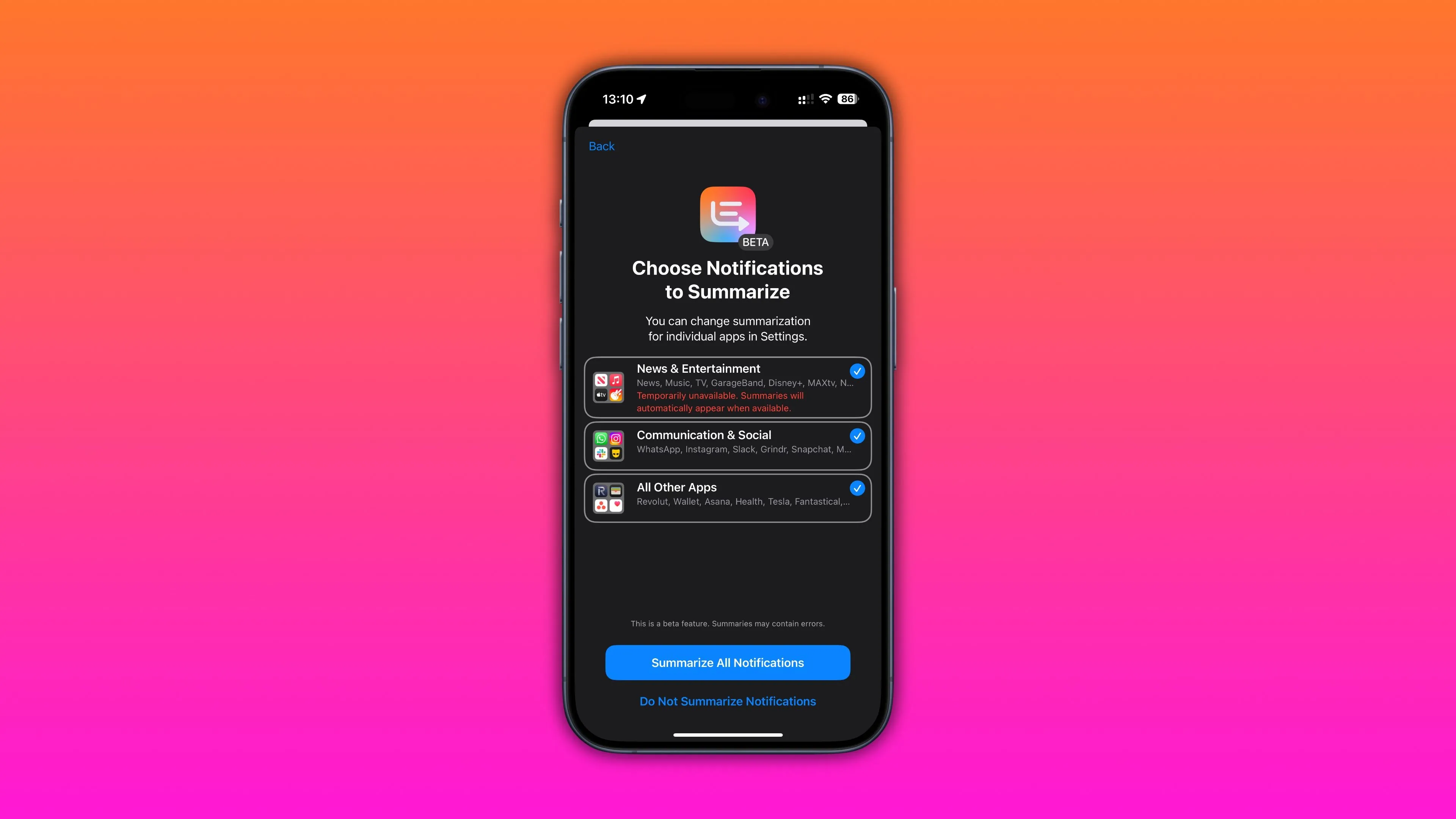 Giao diện cài đặt cho phép chọn ứng dụng để kích hoạt tính năng tóm tắt thông báo AI trên iPhone