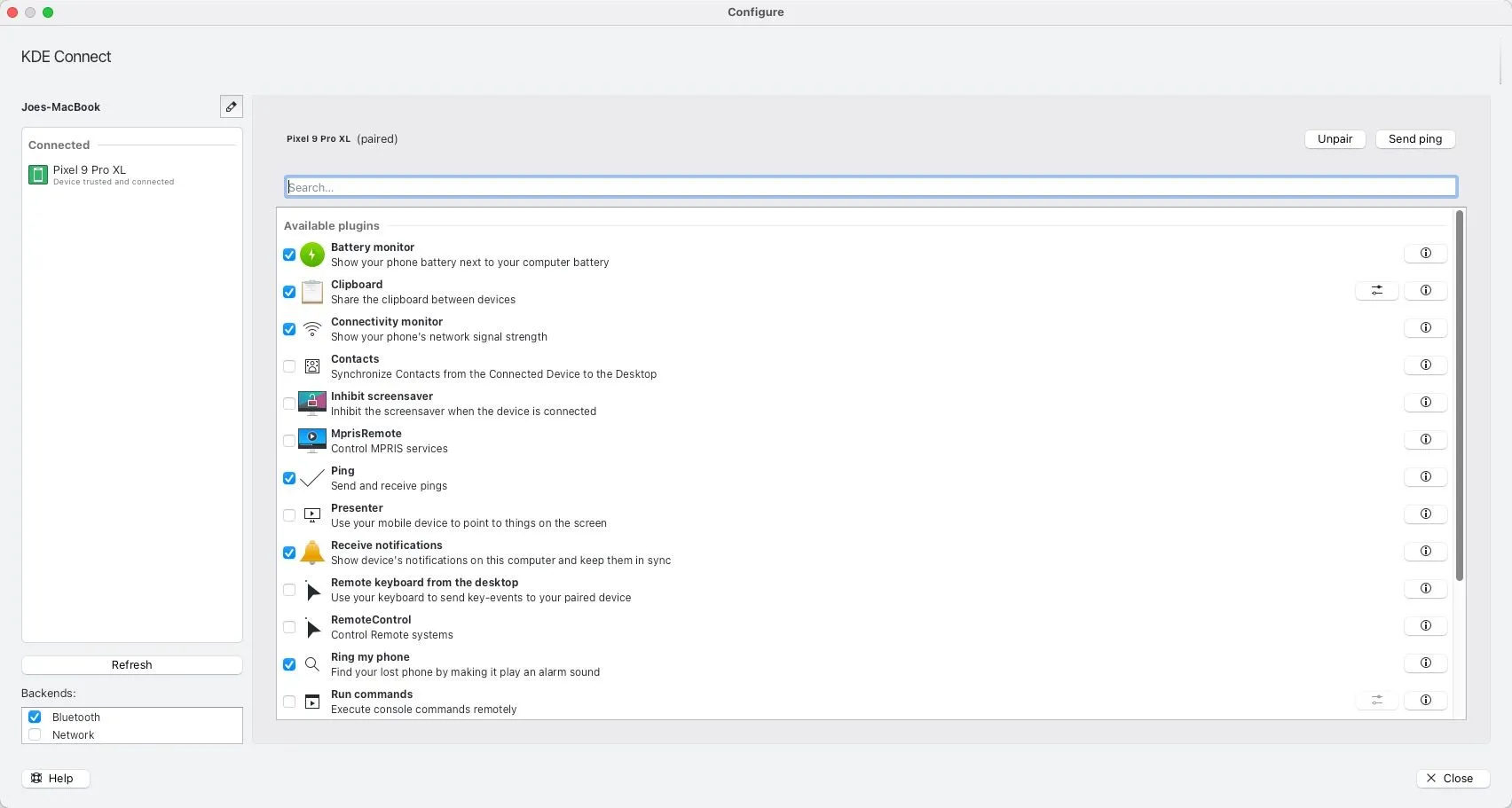 Giao diện cài đặt plugin KDE Connect trên máy tính Mac hiển thị các tùy chọn cấu hình