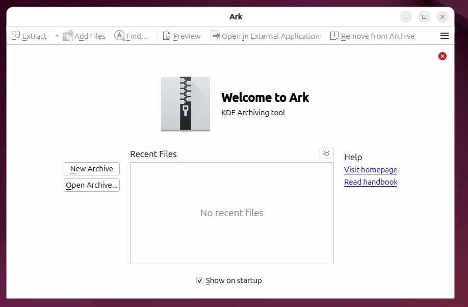 Giao diện chính của trình quản lý file nén Ark trong môi trường KDE