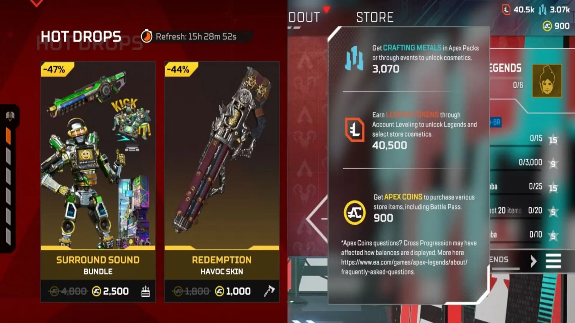 Giao diện cửa hàng trong Apex Legends hiển thị nhiều loại tiền tệ kỹ thuật số