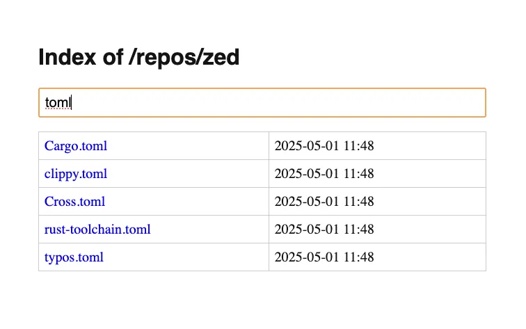 Giao diện danh sách thư mục Apache tùy chỉnh với kiểu dáng hiện đại và ô tìm kiếm.