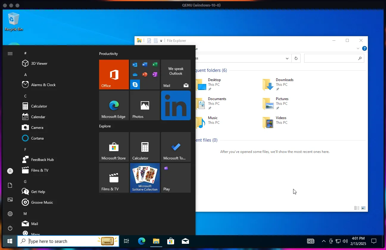 Giao diện desktop của Windows 10 chạy mượt mà trong cửa sổ máy ảo QEMU do Quickemu thiết lập.