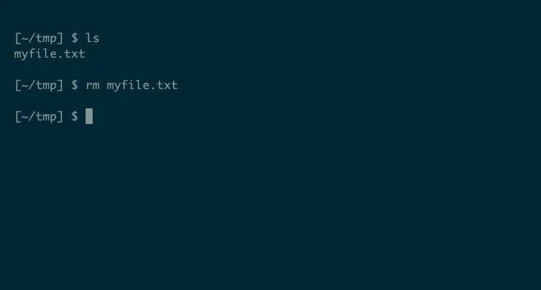 Giao diện dòng lệnh Linux hiển thị lệnh rm myfile.txt không tạo ra đầu ra nào, minh họa chương trình loại cantrip.