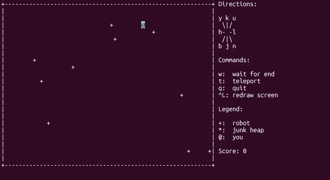 Giao diện game Robots của BSD trên terminal Linux khi đang chơi