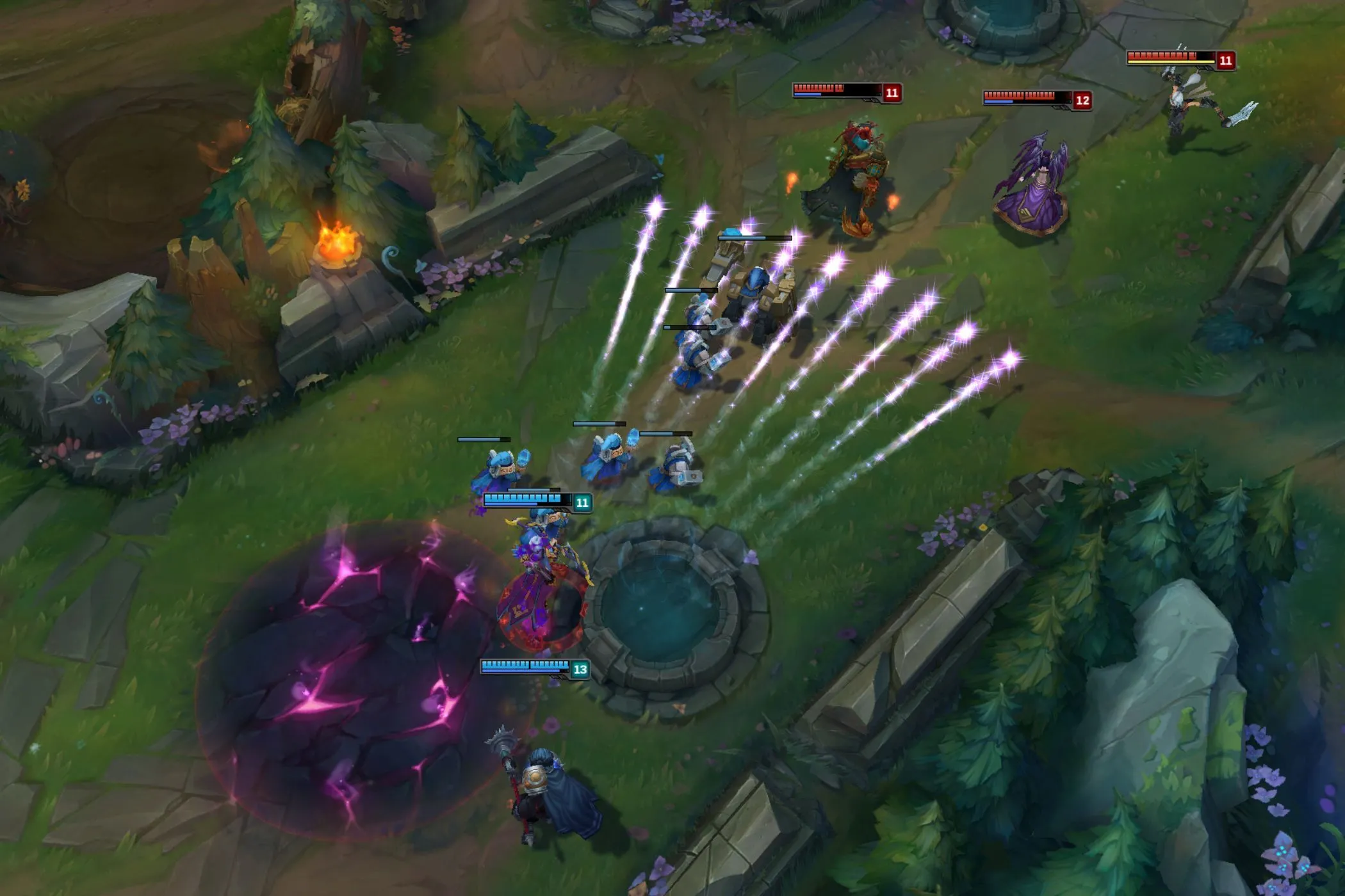 Giao diện gameplay Liên Minh Huyền Thoại với các pha giao tranh và kỹ năng được sử dụng.