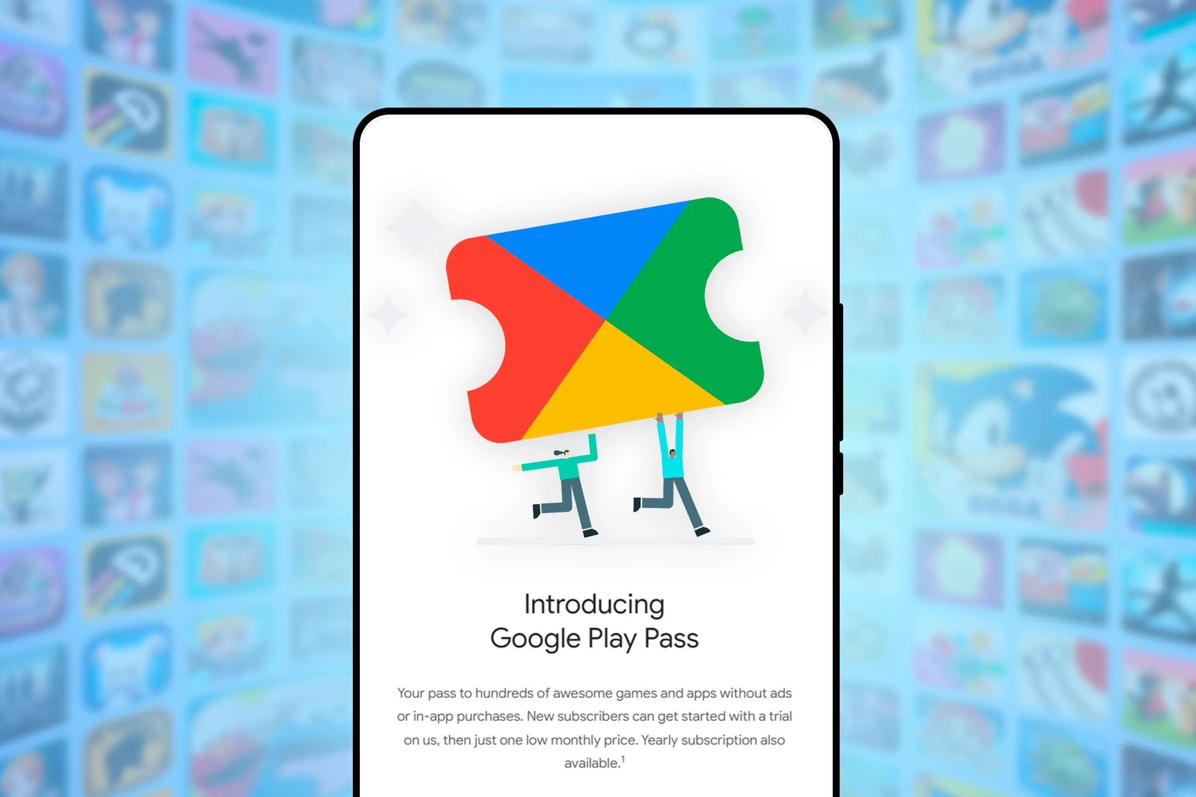 Giao diện Google Play Pass hiển thị trên màn hình điện thoại thông minh, cho thấy kho game và ứng dụng miễn phí dành cho thuê bao.