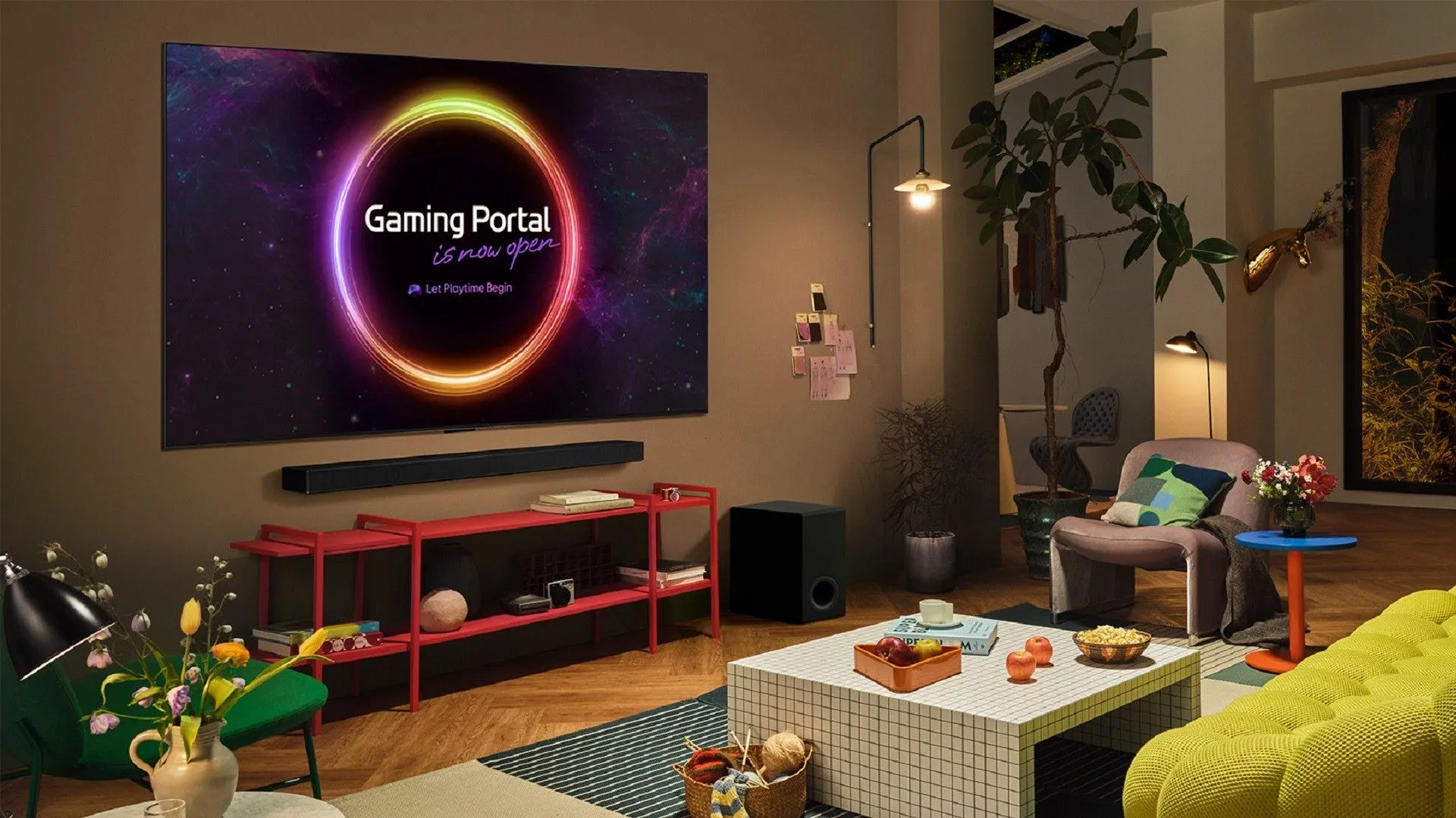 Giao diện LG Gaming Portal trên màn hình TV thông minh trong phòng khách hiện đại