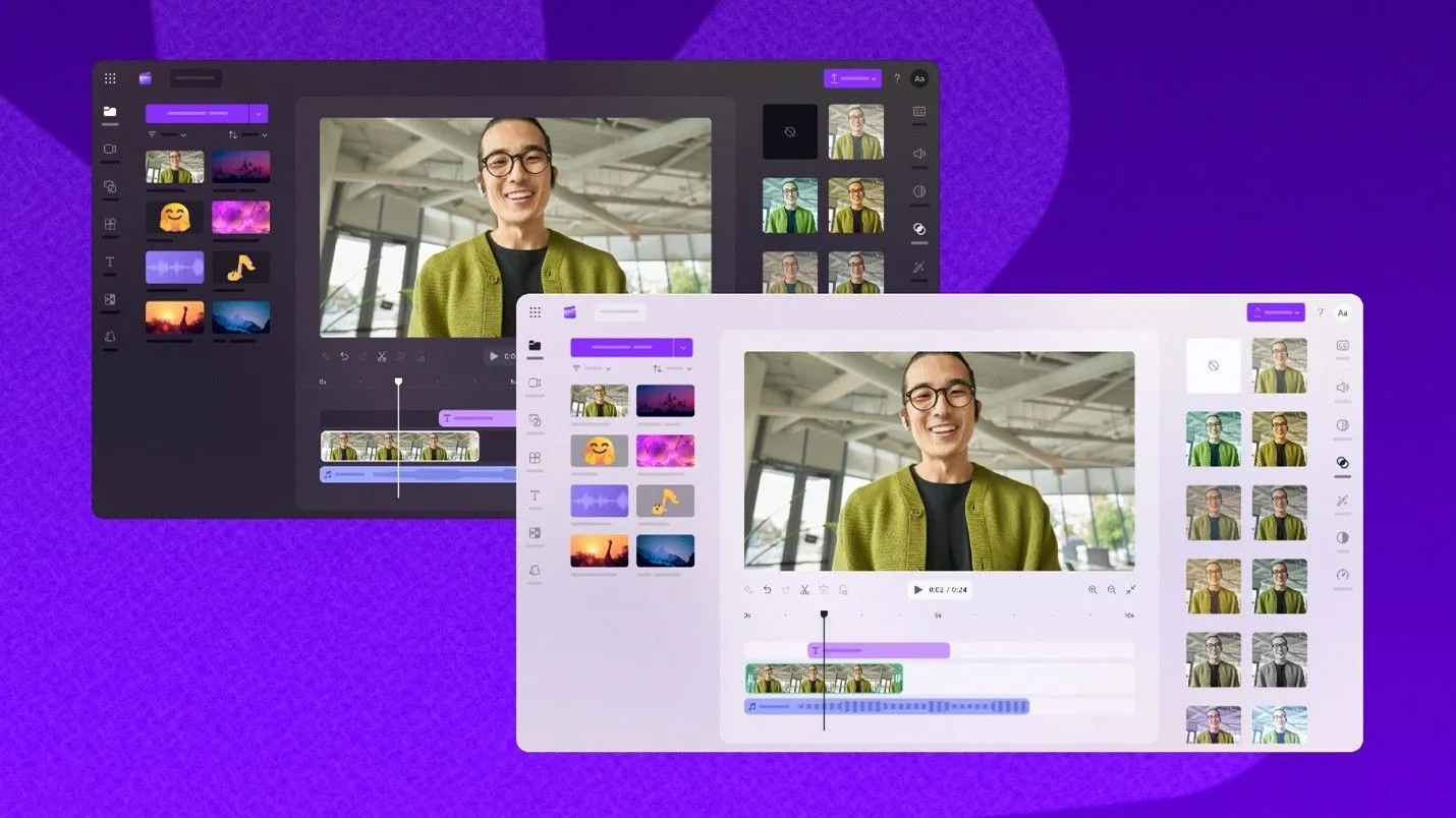 Giao diện Microsoft Clipchamp ở chế độ sáng và chế độ tối, thể hiện tính năng mới