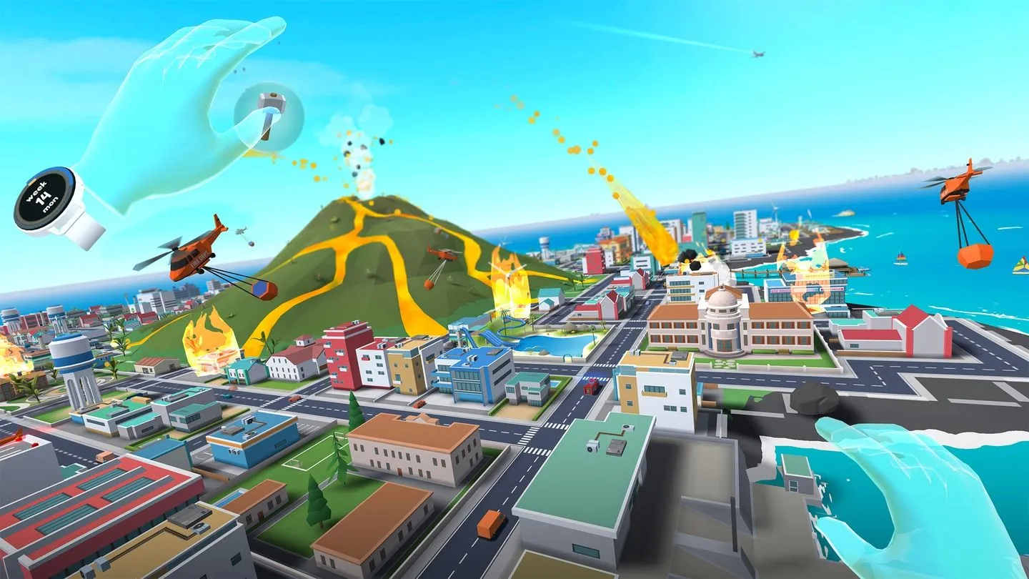 Giao diện người chơi xây dựng thành phố trong game Little Cities VR với các công trình kiến trúc đáng yêu từ góc nhìn trên cao.